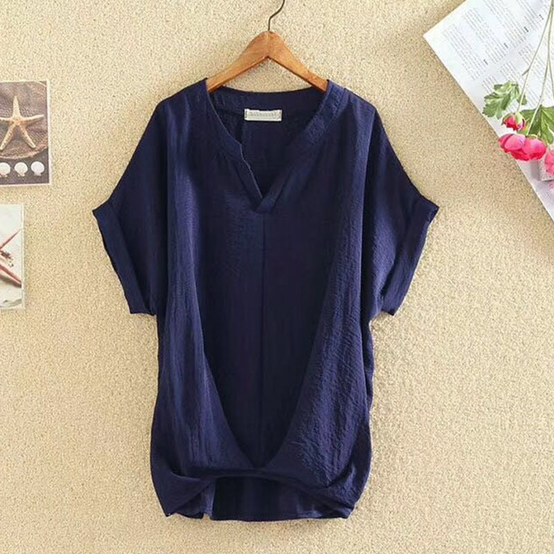 Solid Color V-neck Batwing Loose Slimming Cotton & Linen Top