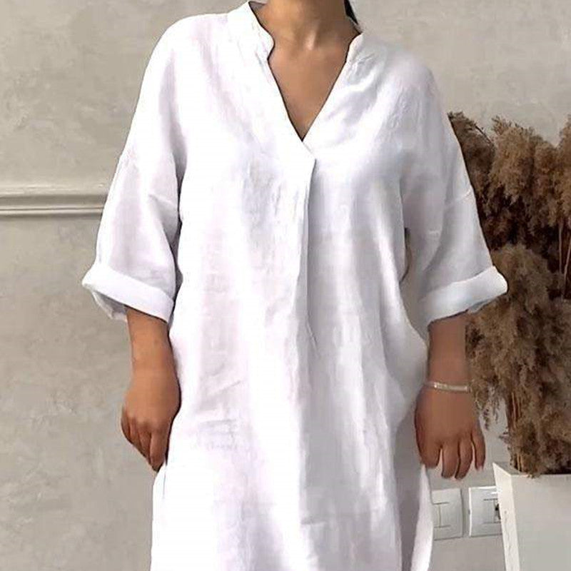 Plus Size Cotton Linen V-neck Dress