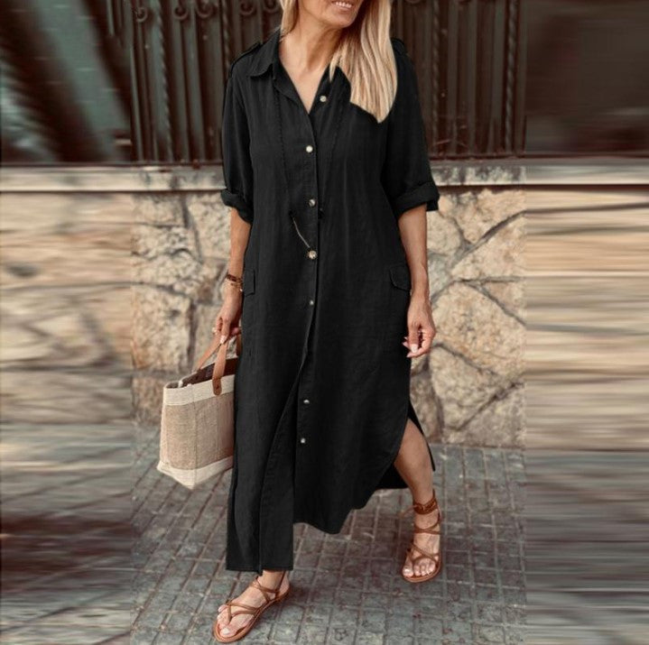 Cotton & Linen Button Long Shirt Dress