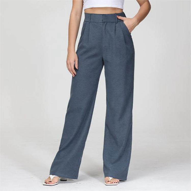 High Waist Wide Leg Straight Trousers with Pockets