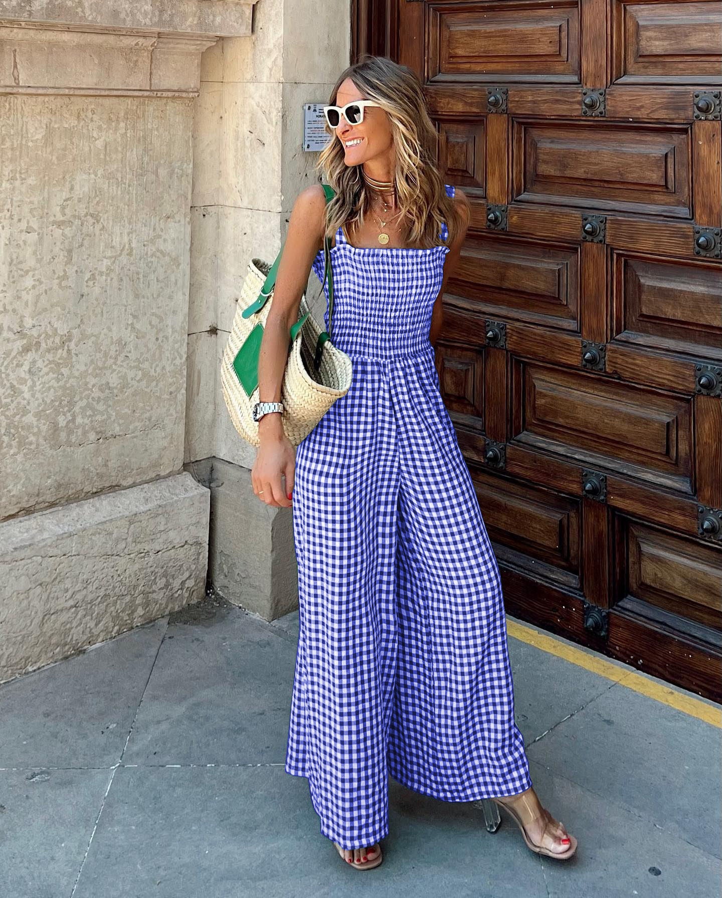 Checked Side Pocket Wide-Leg Jumpsuit