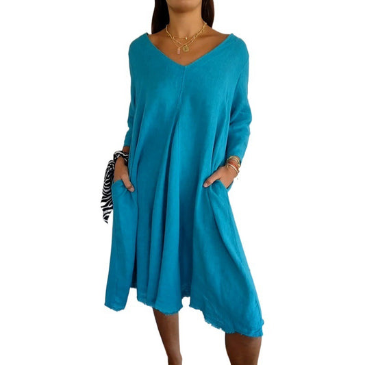 Plus Size Spring-Summer Loose-fitting V-neck Mid-length Dress