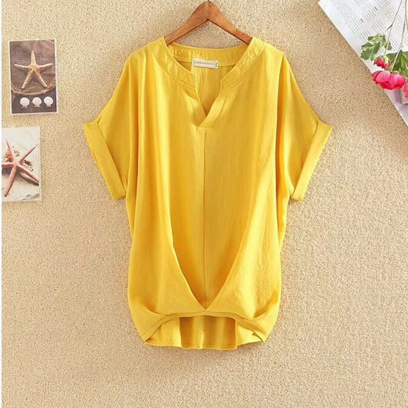 Solid Color V-neck Batwing Loose Slimming Cotton & Linen Top