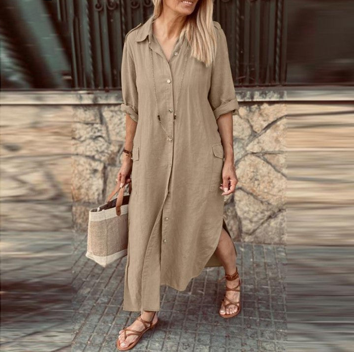 Cotton & Linen Button Long Shirt Dress