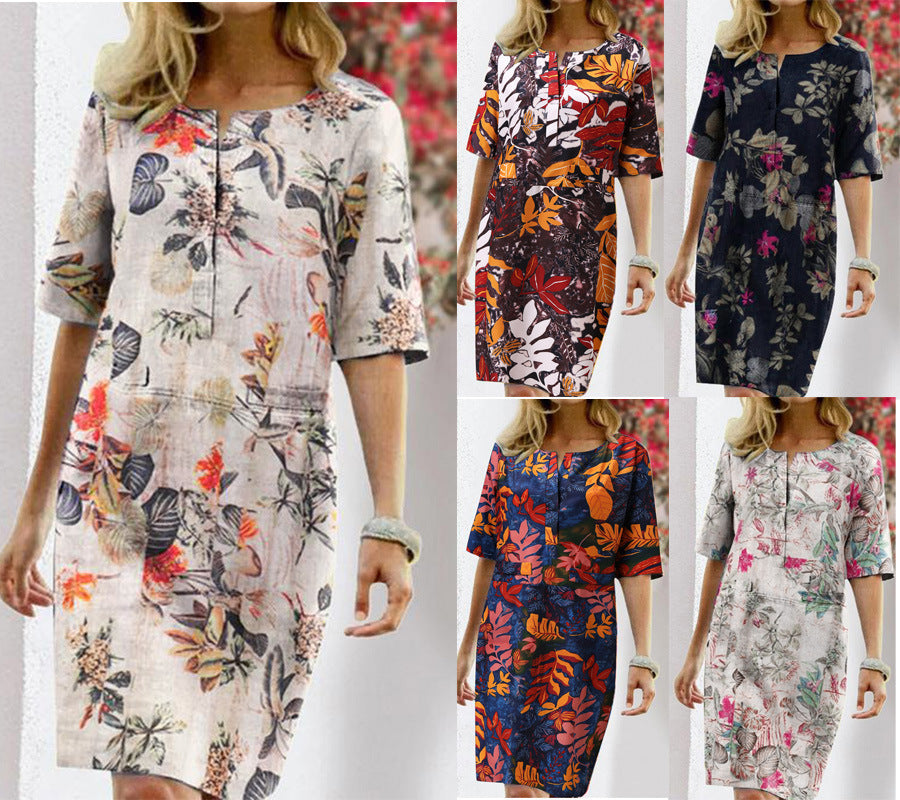 Vintage Floral Leaf Print Slit Round Neck Half Sleeve Dress