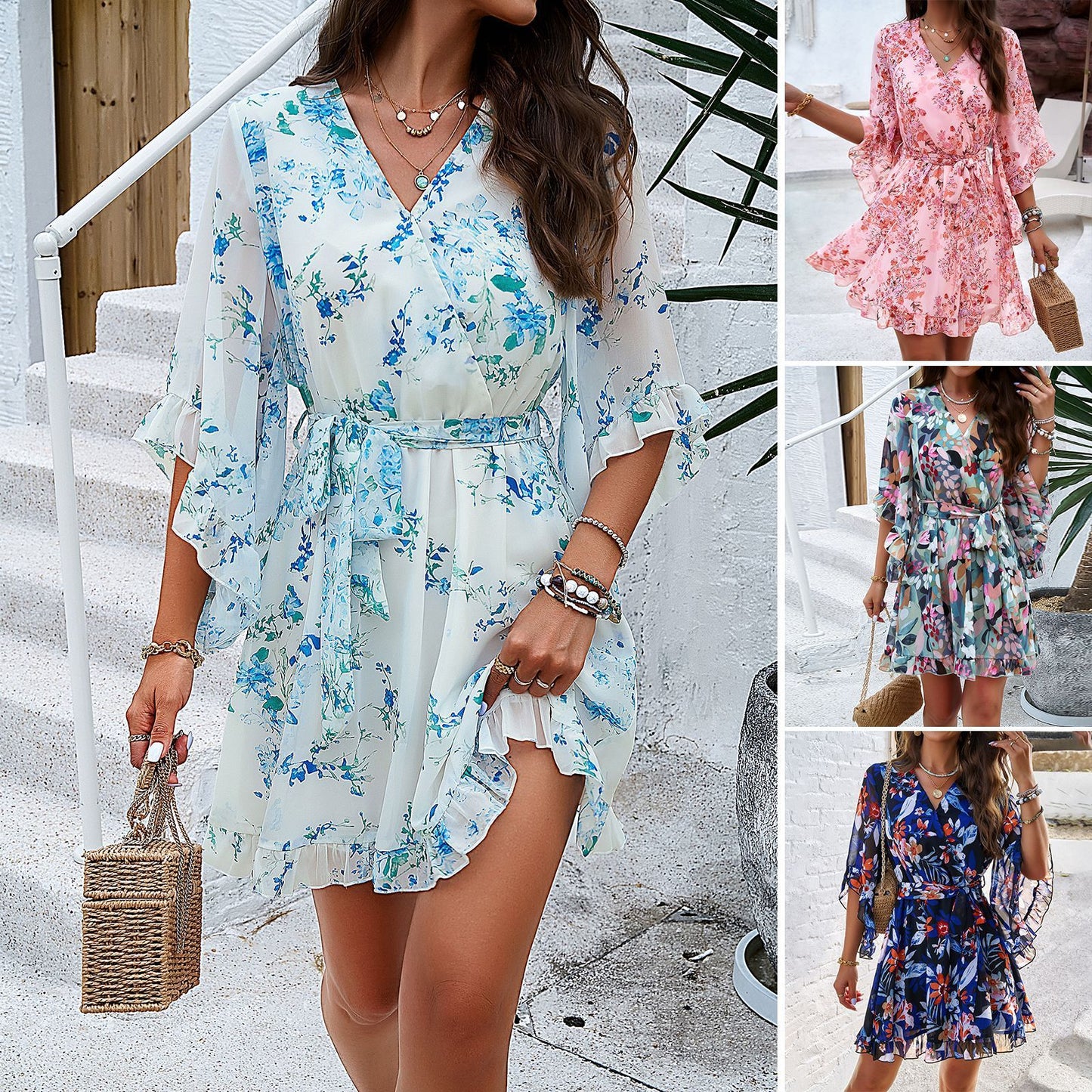 Floral Print Short Sleeves Lace Up Ruffles Design Dress