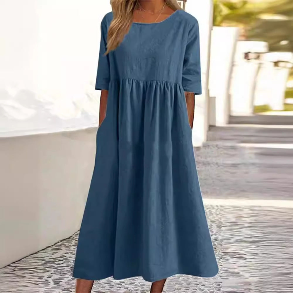 Plus Size Round Neck Loose Long Solid Color Cotton Linen Dress