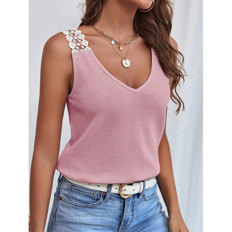 Waffle V-Neck Sleeveless Lace Top