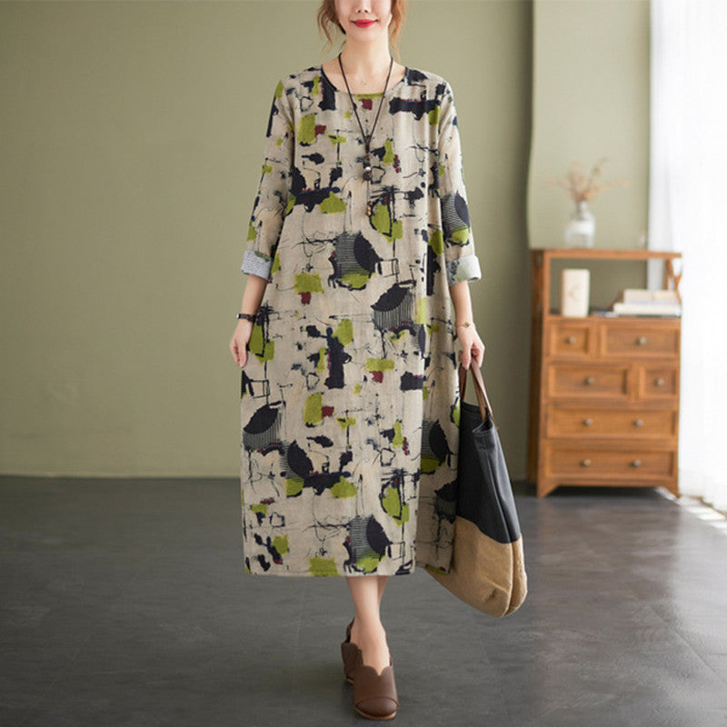 Cotton Linen Vintage Floral Print Dress