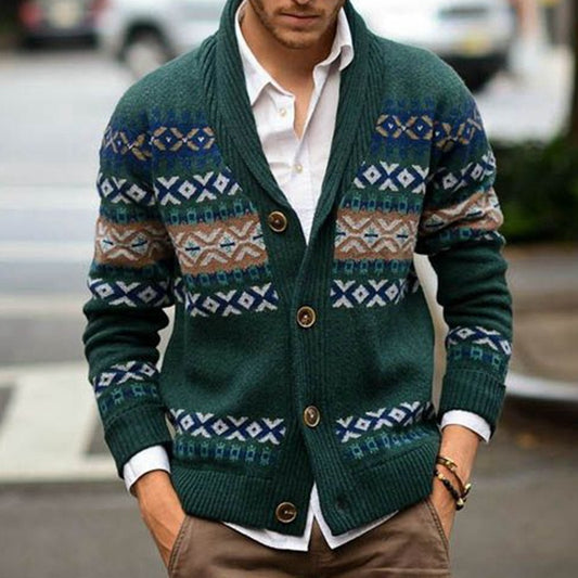 Lapel Long Sleeve Jacquard Cardigan