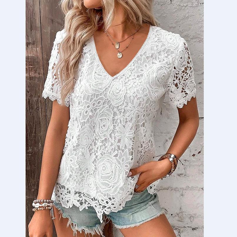 Short Sleeve Lace V-neck Loose T-Shirt