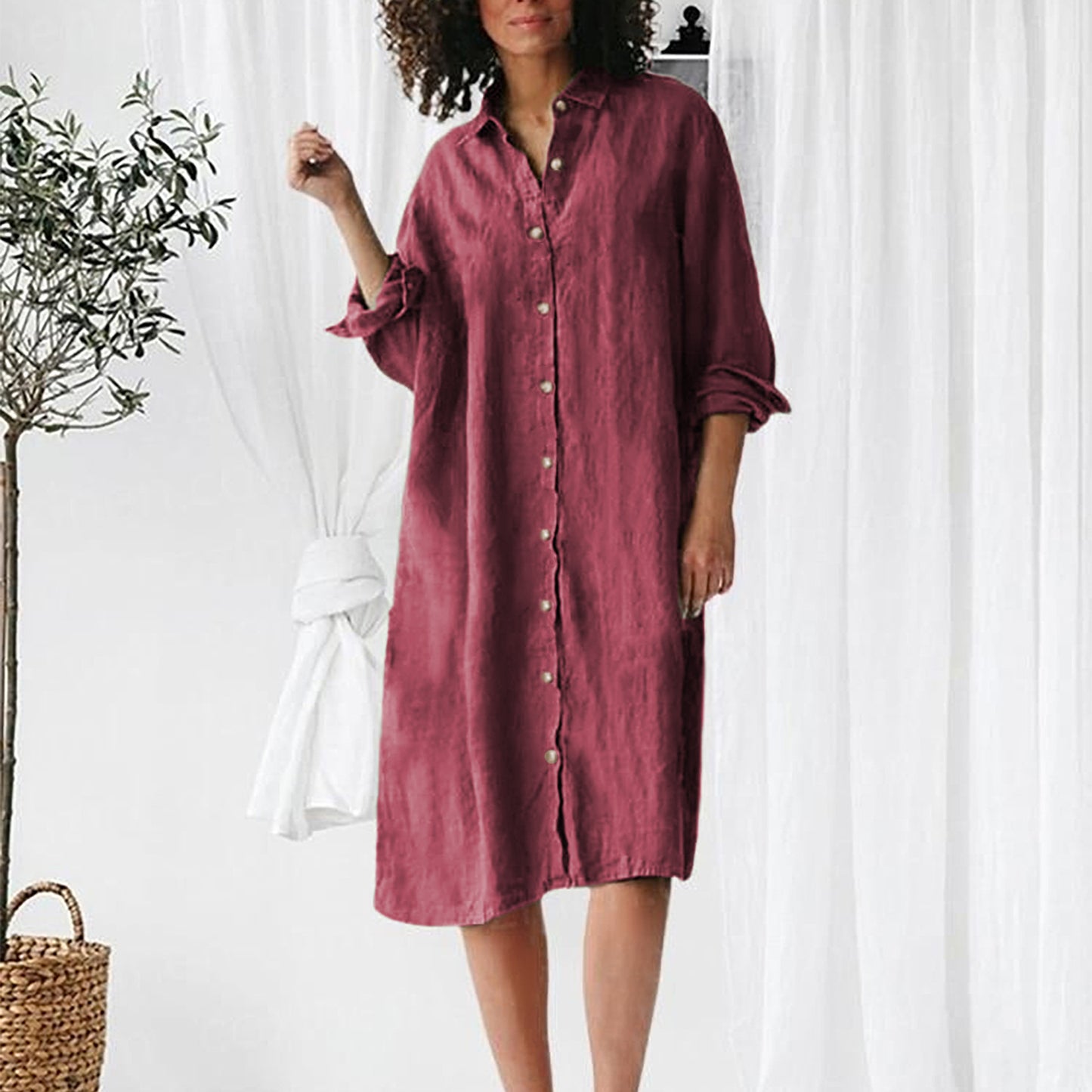 Long Sleeve Lapel Button Mid-length Shirt Dress