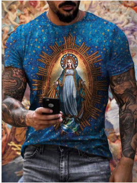 Casual Round Neck Digital Print Slim Short Sleeve Pullover T-Shirt