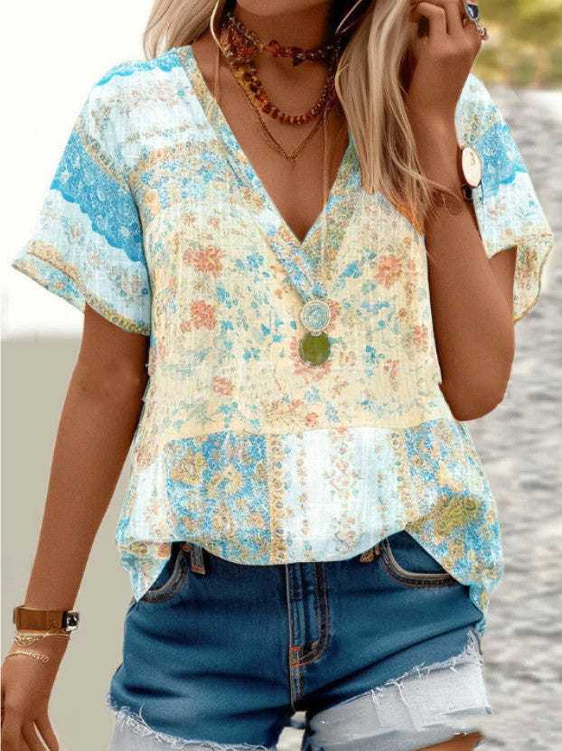 V-neck Printed Short-sleeved T-Shirt