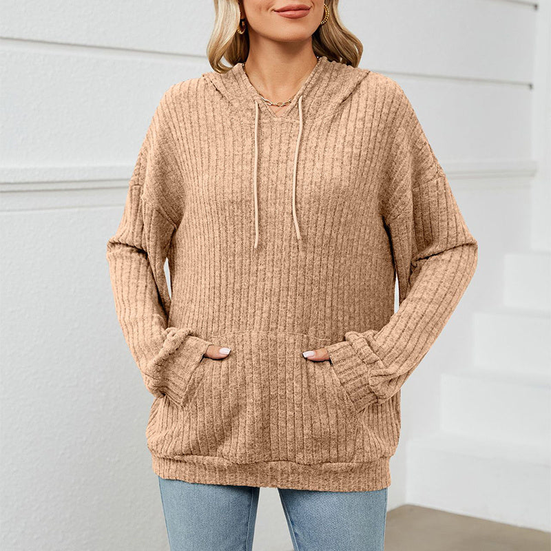 Knitted Hooded Sweater with Pit Stripe Kangaroo Pocket