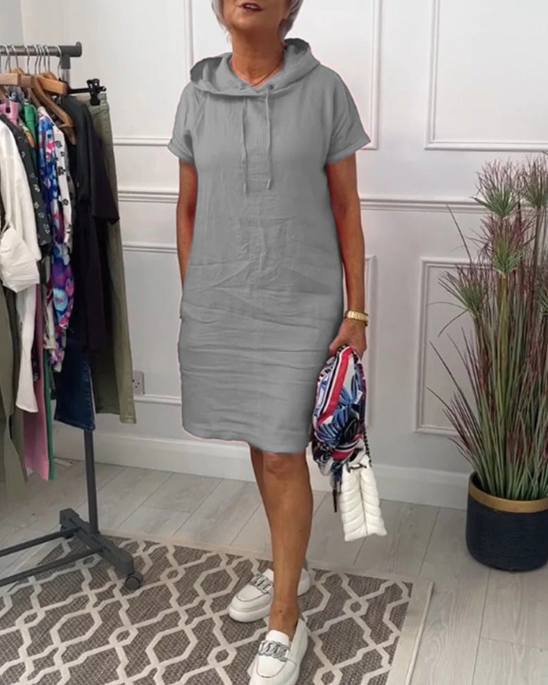 Solid Color Pocket Short Sleeve Hooded Dress