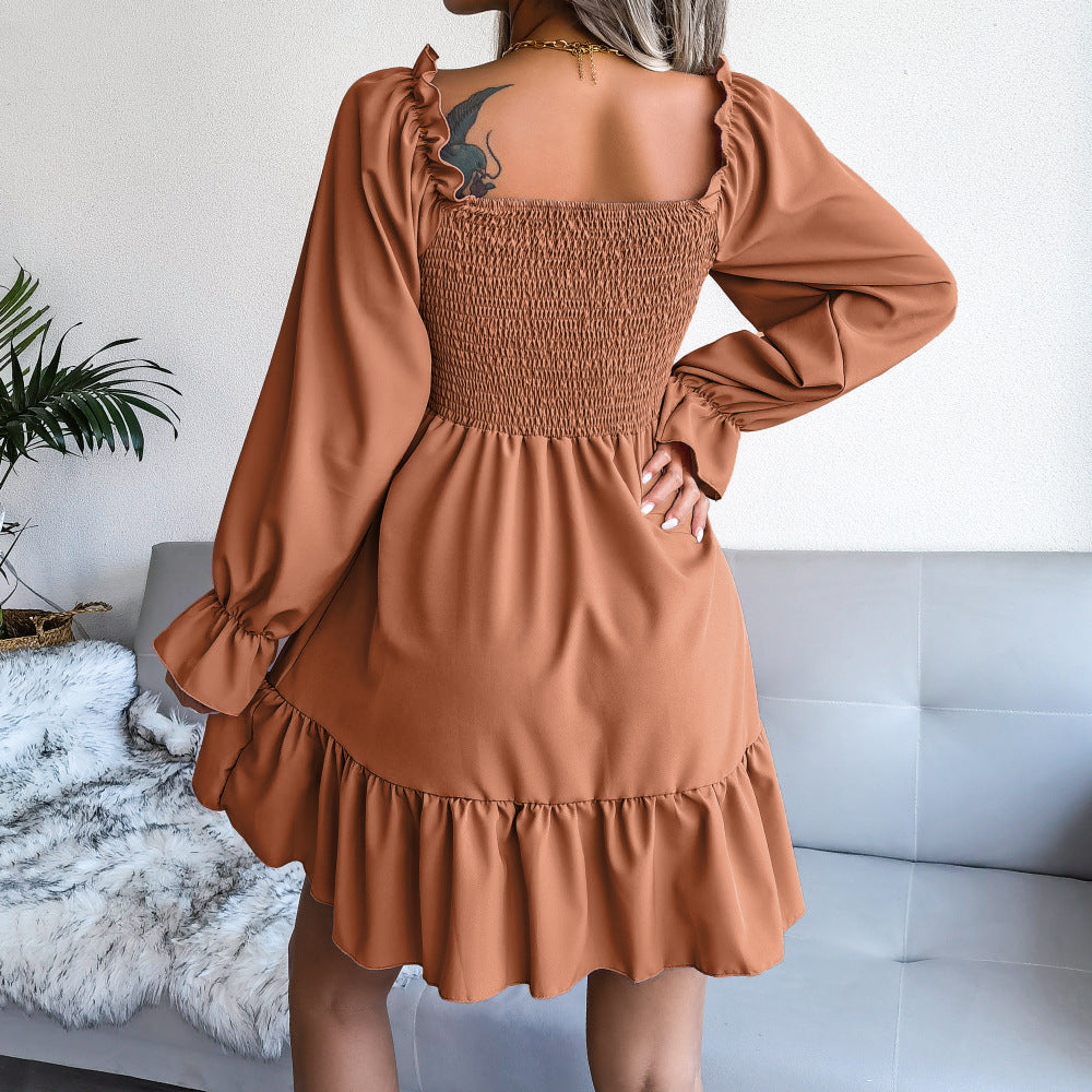 Flared Long Sleeve Ruffled Swing Dress