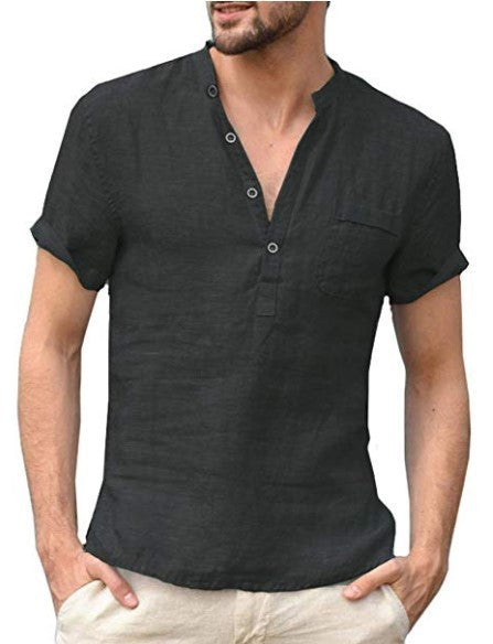 Linen Solid Color Button V Neck Shirt