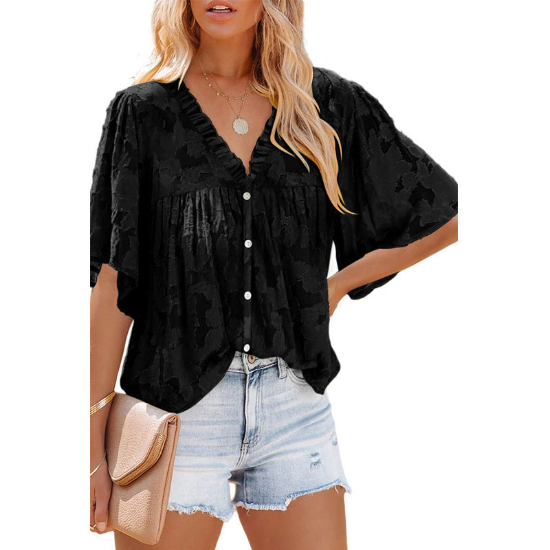 V-neck Cardigan Five-point Mid-sleeve Chiffon Print Top