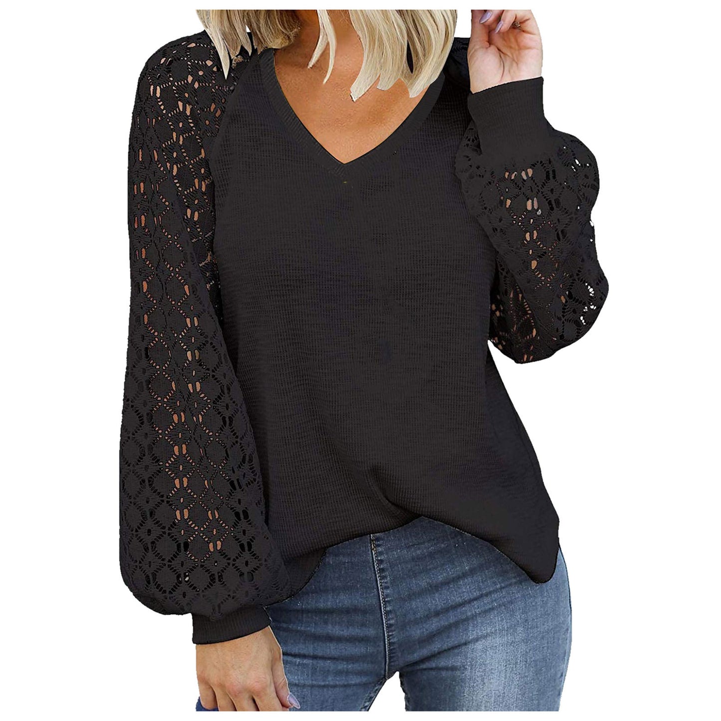 V-neck Long Sleeve Lace Stitching Loose Top