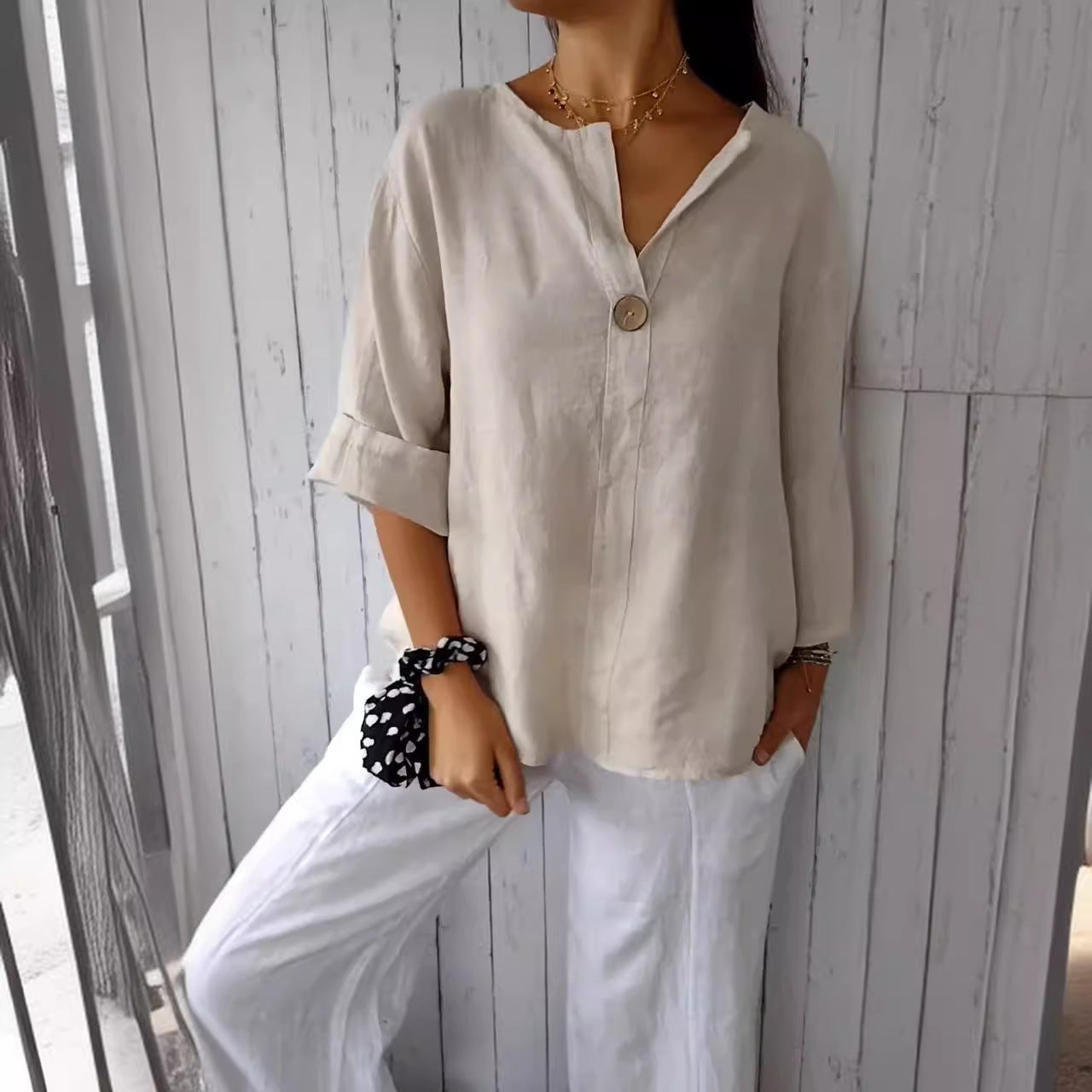 V-neck Cotton & Linen Button Top