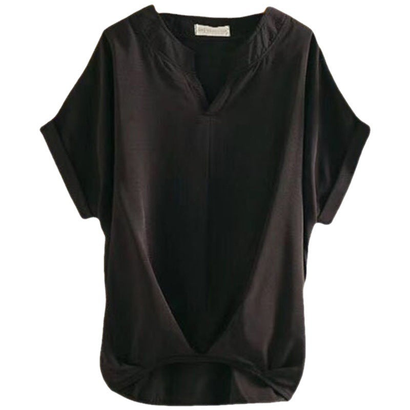 Solid Color V-neck Batwing Loose Slimming Cotton & Linen Top