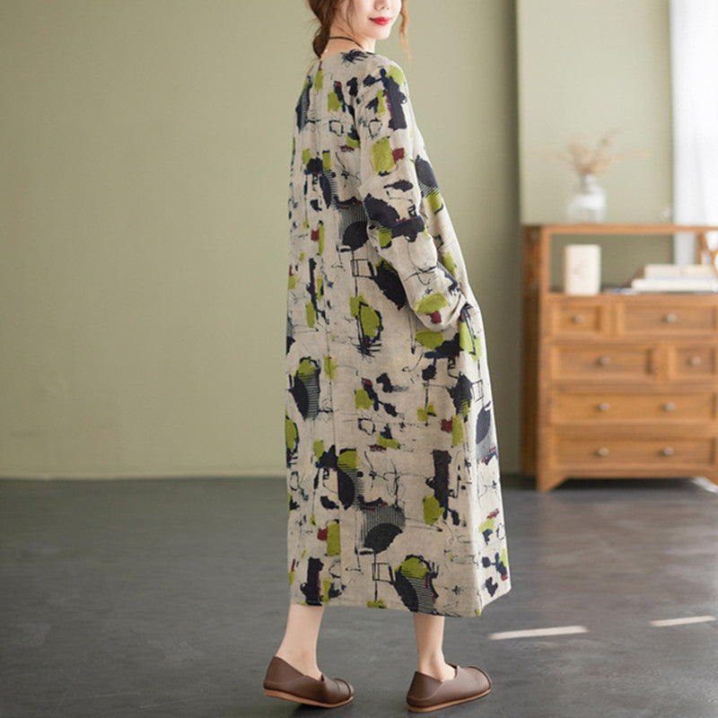 Cotton Linen Vintage Floral Print Dress