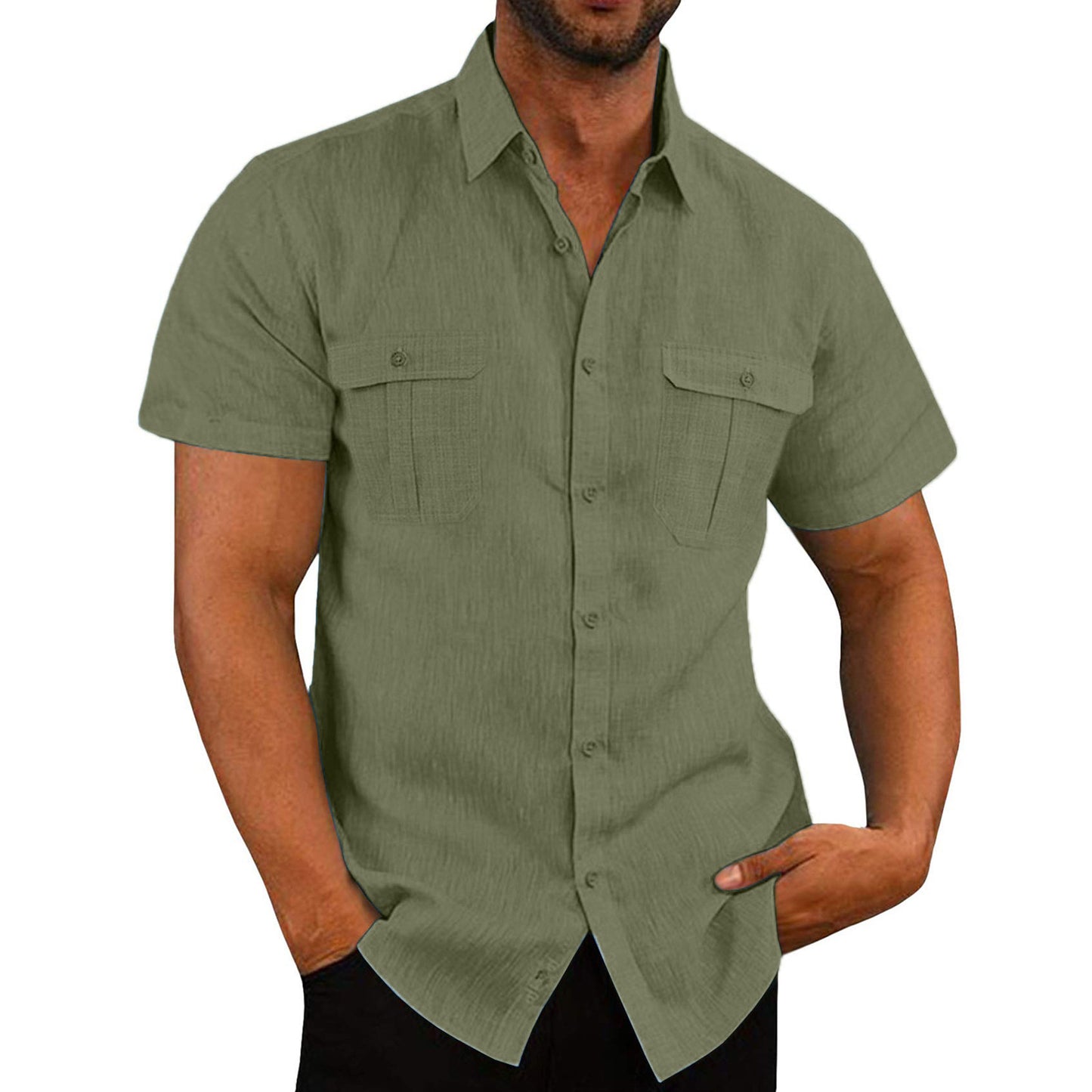 Short Sleeve Double Pocket Wide Collar Shirt