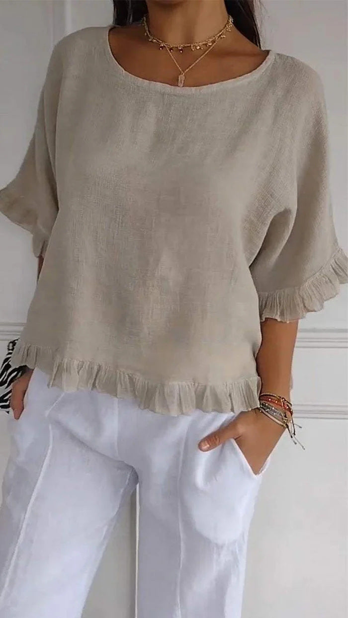 Pure Color Ruffles Casual Short-sleeved Top