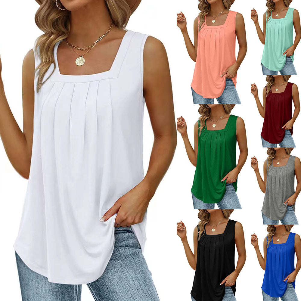 Loose Fit Pleated Square Neck Sleeveless Top