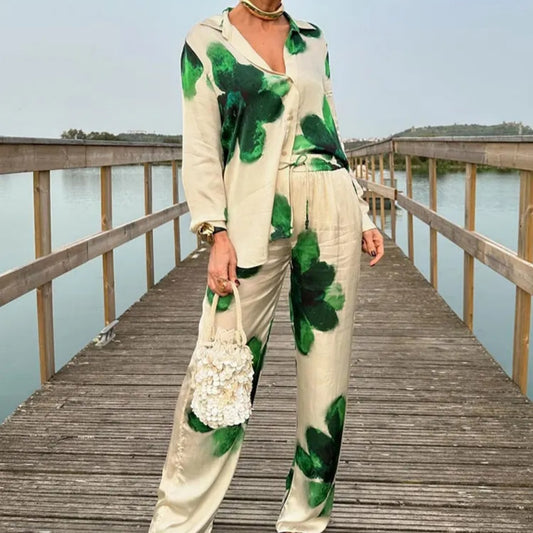 Printed Drape Shirt Pants Suit