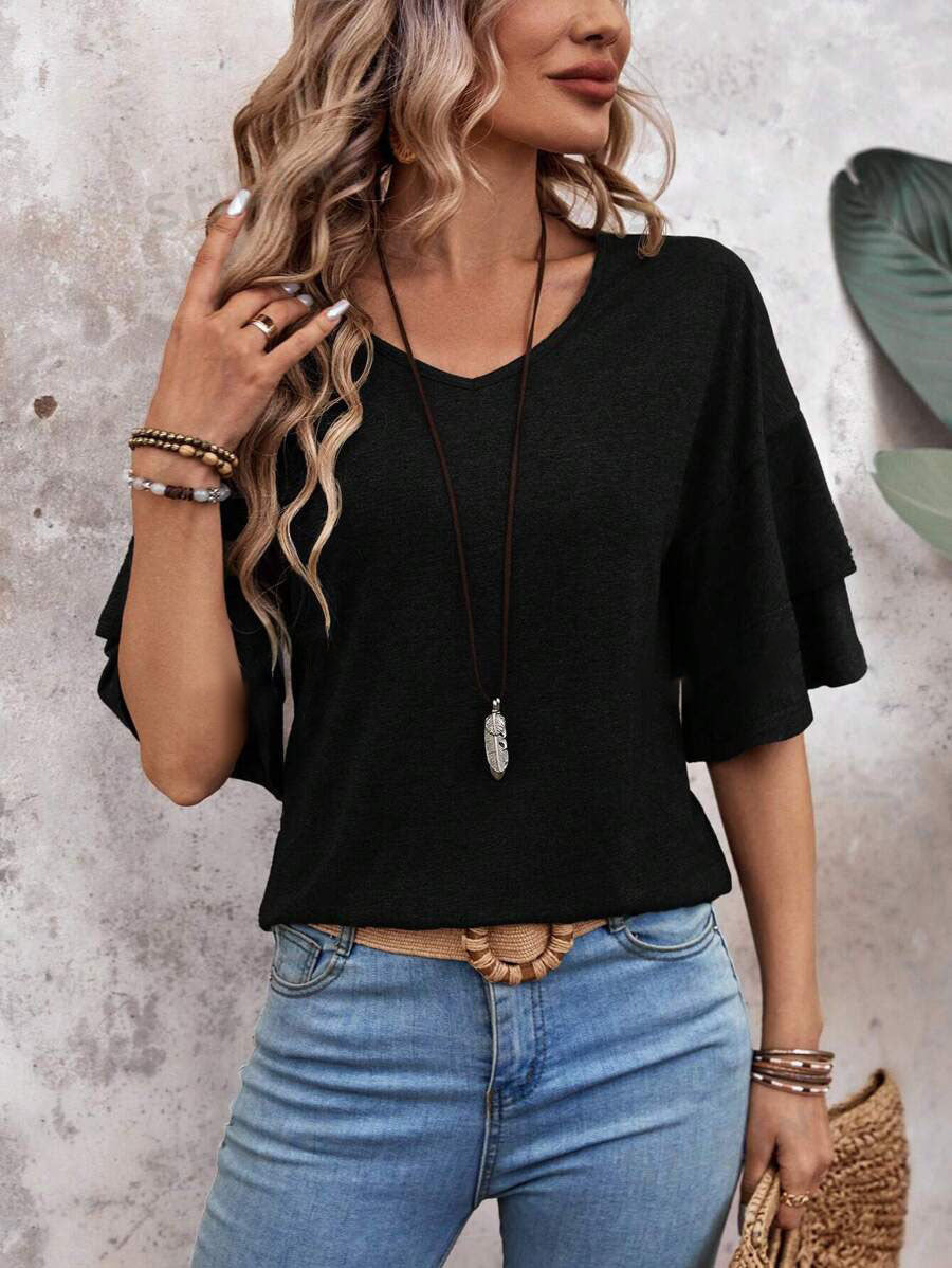 Solid Color V-neck Loose T-Shirt