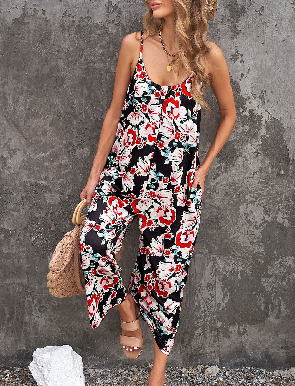 Flowers Print Suspender Jumpsuit with Pockets