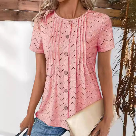 Solid Color Hollow-out Pleated Button Round Neck T-Shirt