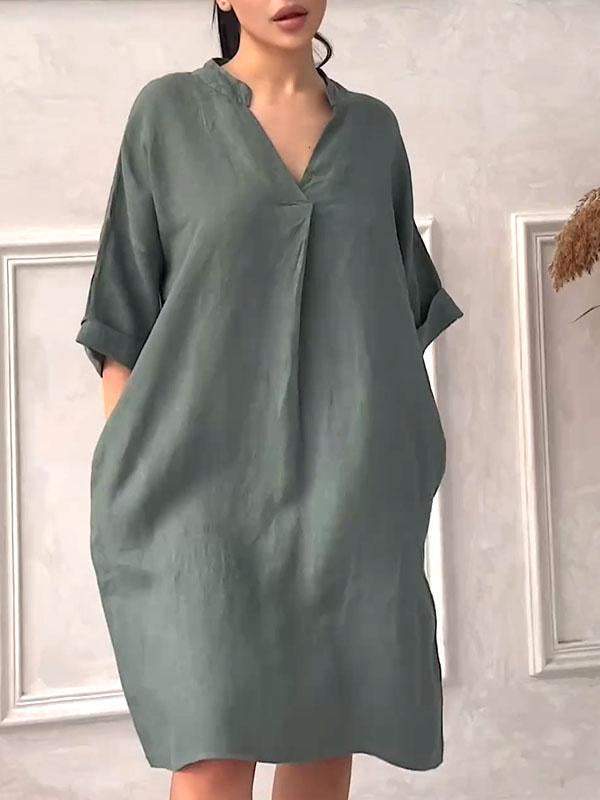 Plus Size Cotton Linen V-neck Dress