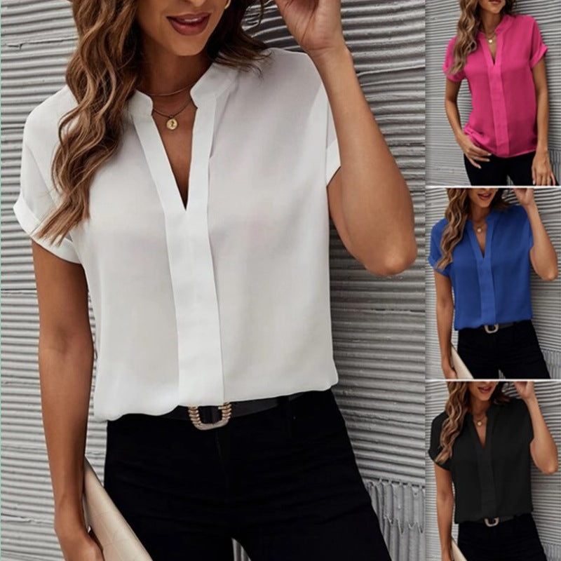 Short-sleeved V-neck Solid Color Shirt