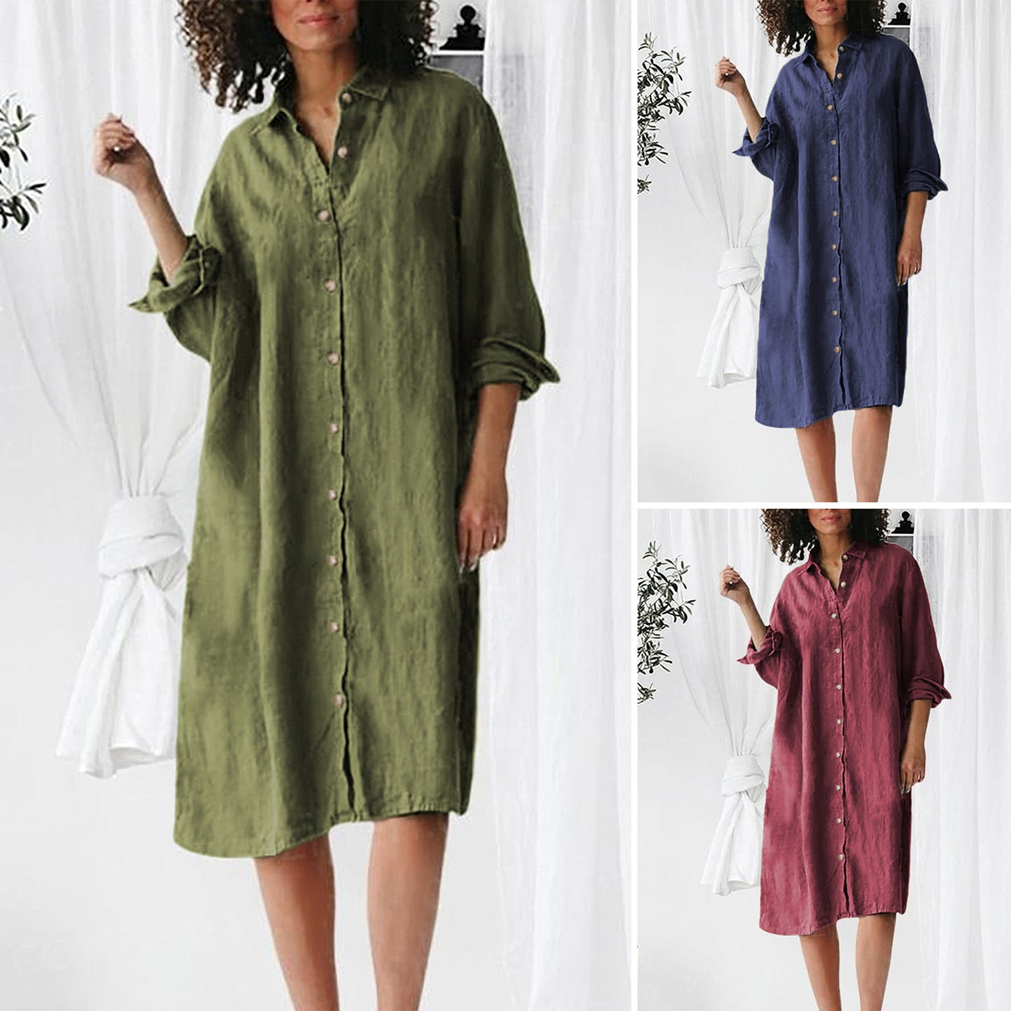 Long Sleeve Lapel Button Mid-length Shirt Dress