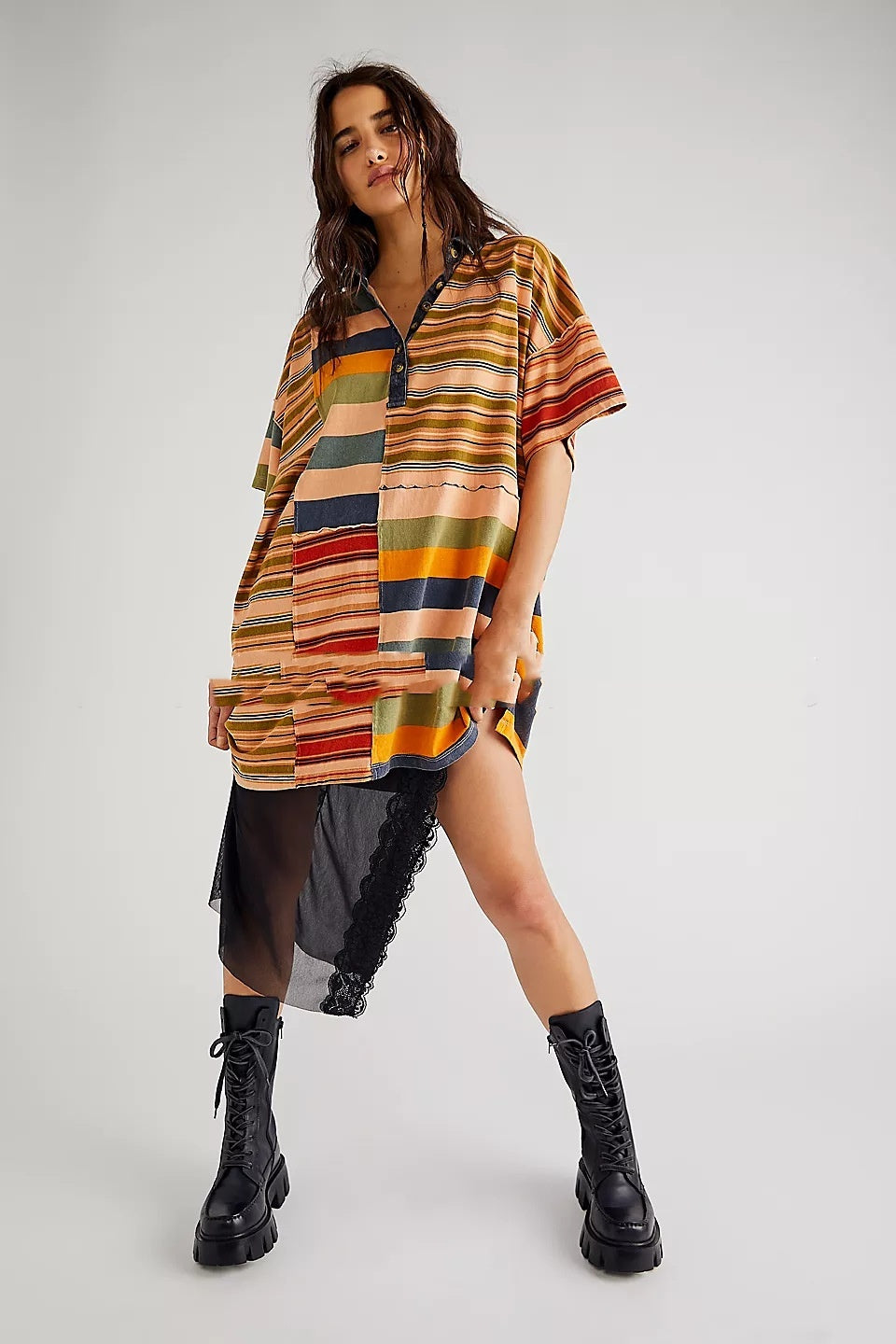 Mid-sleeve Lapel Contrast Color Striped Loose Casual Dress