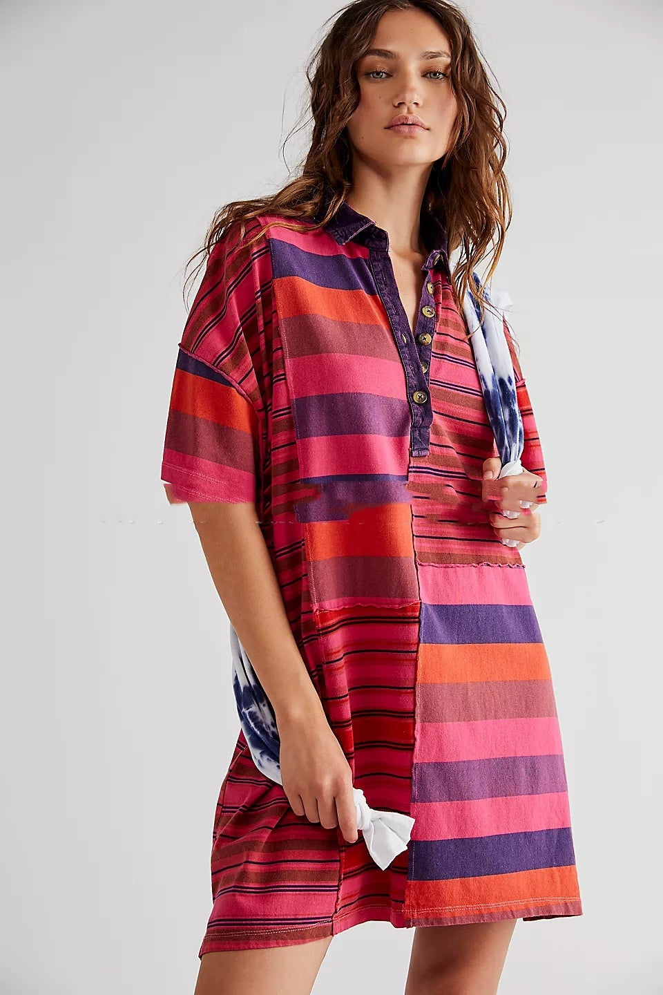 Mid-sleeve Lapel Contrast Color Striped Loose Casual Dress