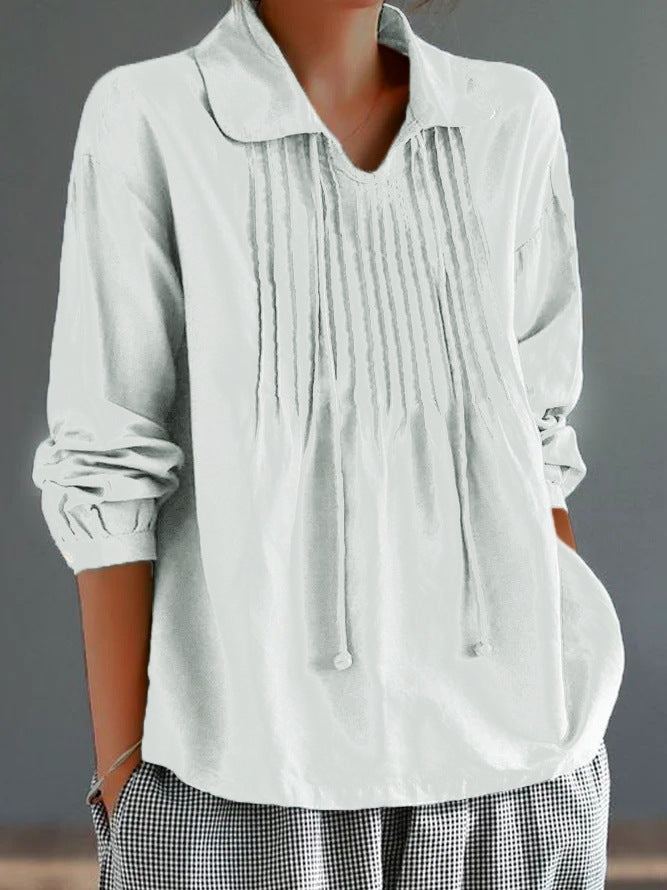 Loose Cotton & Linen Long Sleeve Pleated Lapel Top