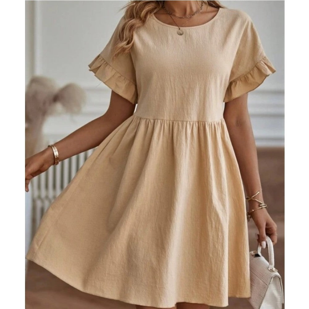 Elegant Round Neck Loose Cotton & Linen Dress