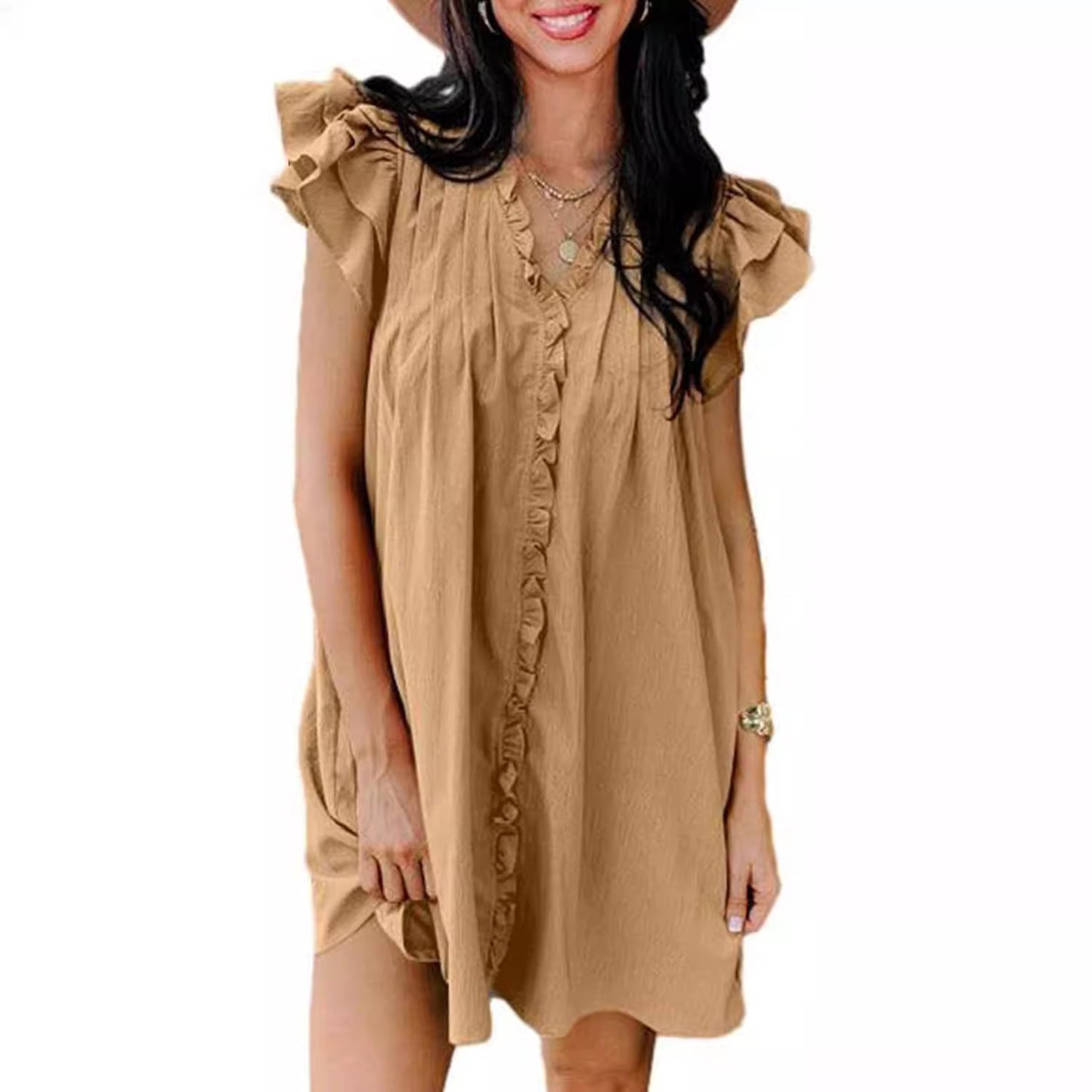 V-neck Flounce Short Sleeve Dress