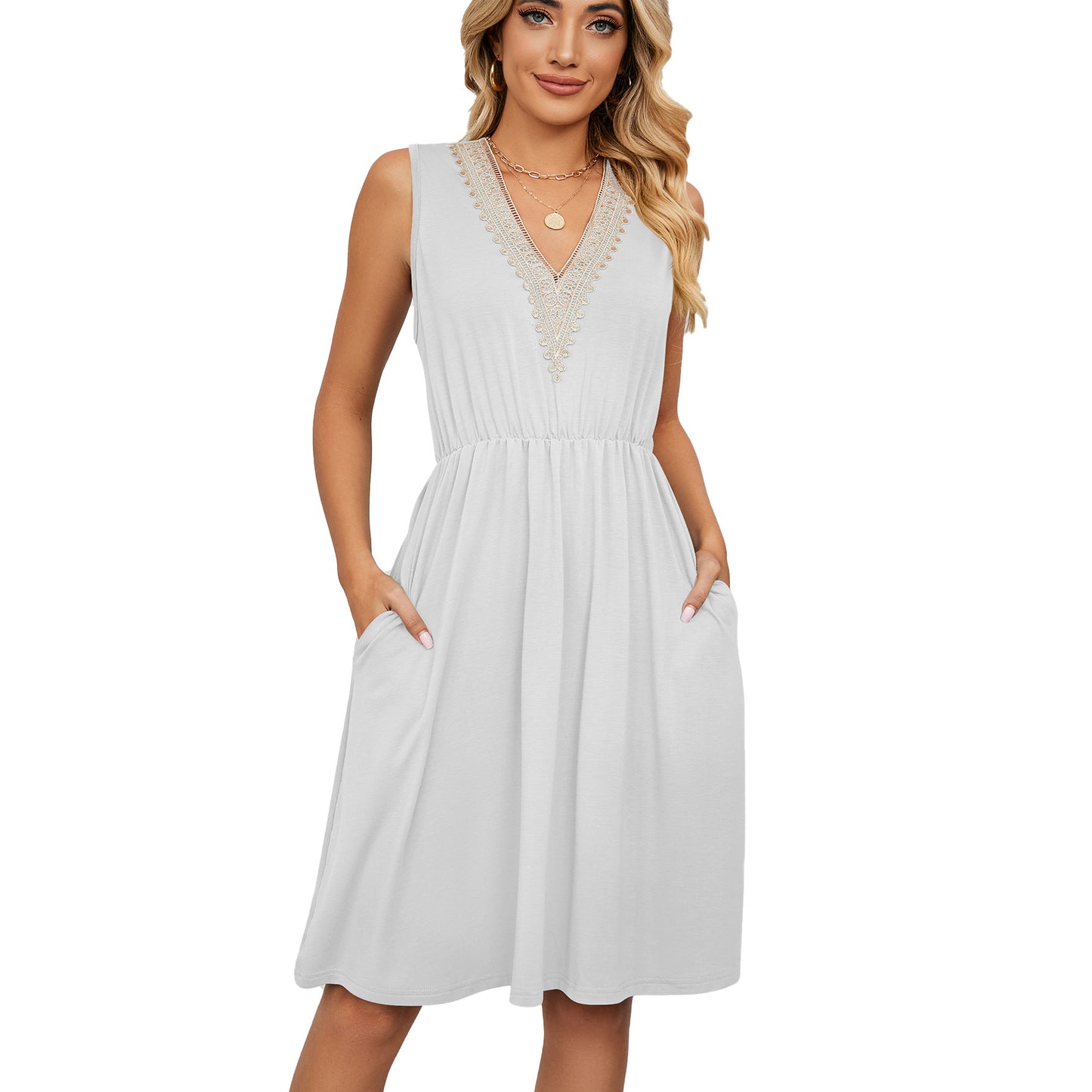 Lace Panel Sleeveless Dress with Pocket