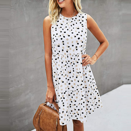 Dot Print Sleeveless Loose Swing T-Shirt Dress with Pocket