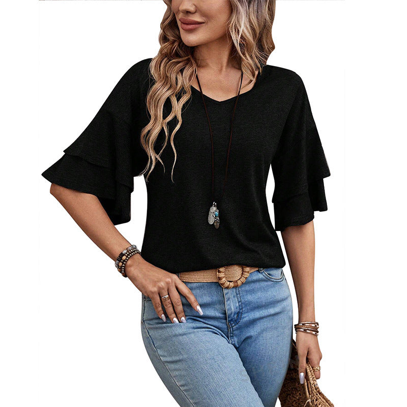 Solid Color V-neck Loose T-Shirt