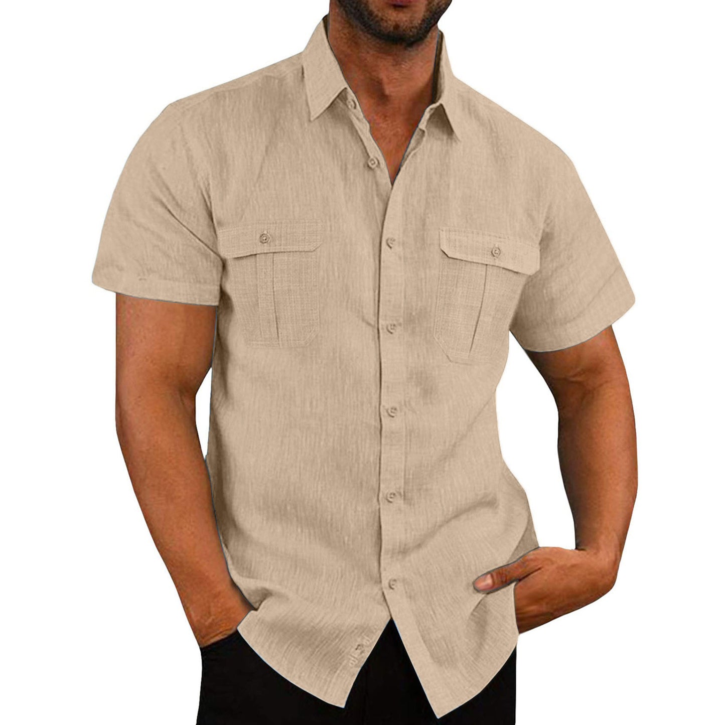 Short Sleeve Double Pocket Wide Collar Shirt