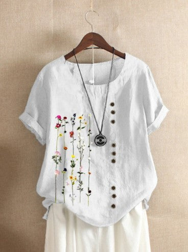 Retro Cotton & Linen Printed Loose Short-sleeved Top