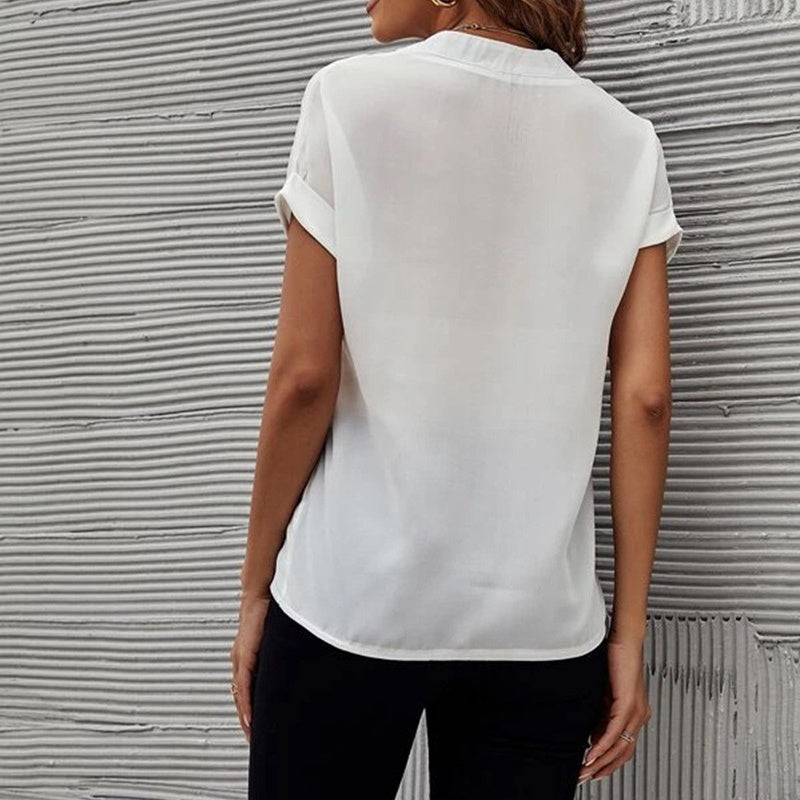 Short-sleeved V-neck Solid Color Shirt