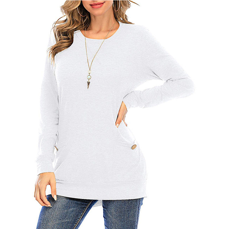 Crossed Pockets Round Neck Long-sleeved T-Shirt