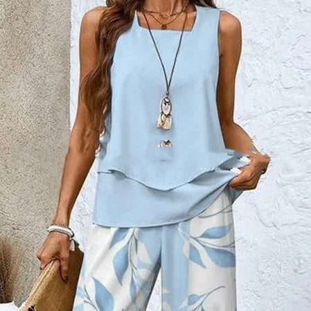 Sleeveless Double-layer Vest & Loose Straight Pants Set